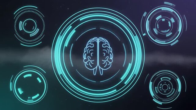 Futuristic AI brain interface with circular HUD elements and glowing digital neural visualization