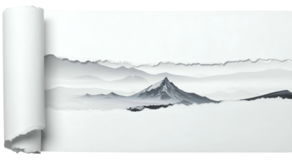 Torn paper reveals a serene grayscale mountain landscape, fog, and layered peaks