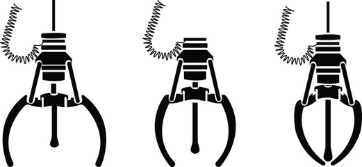 Set of crane claw machine icons, collection of arcade grabber toy symbols, group of flat vector illustrations, add claw, gripper, catcher, pickup device, black