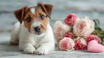 Cute puppy with roses and a heart for Valentine's Day celebration moment