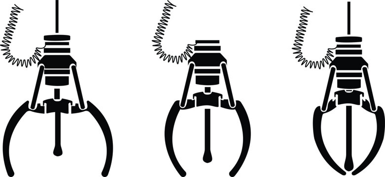 Set of crane claw machine icons, collection of arcade grabber toy symbols, group of flat vector illustrations, add claw, gripper, catcher, pickup device, black