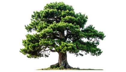 A digitally rendered, isolated evergreen tree with dense foliage and a gnarled trunk