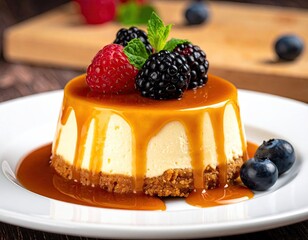 Mini cheesecake, caramel drizzle, fresh berries on white plate