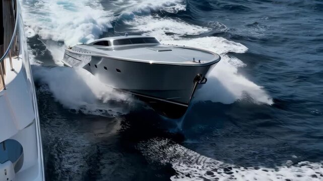 Medium shot capturing a displacement hull gliding steadily emphasizing smooth water flow and maximum stability in rough ocean conditions.