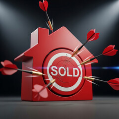 Real Estate Marketing Strategy Illustration with House on Target and Many Arrows