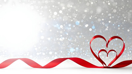 Red ribbon hearts in winter wonderland