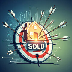Real Estate Success Illustration with House on Target and Many Arrows