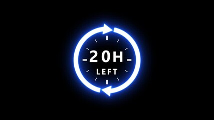Bright blue neon clock indicating twenty hours remaining with a circular arrow and hour markers on a dark black canvas signifying a time limit or countdown