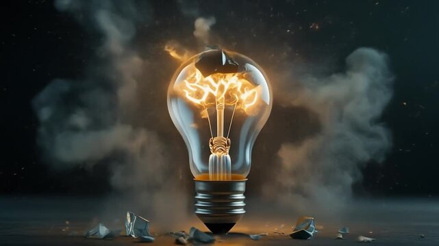 A glass light bulb explodes with fragments, smoke, and a bright glowing filament against a dark, textured surface