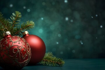 Elegant Red Christmas Ornaments and Fir Branch on a Dark Festive Background