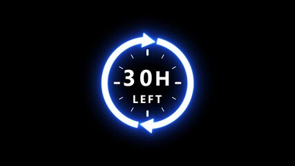 A bright blue neon circular timer with 30 hours left, featuring rotating arrows and time markers on a dark black background, signifying a time-sensitive notification