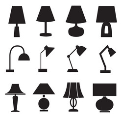 Collection of twelve black lamp silhouette icons featuring various table and desk lighting fixture designs.