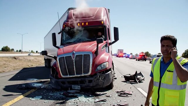 A mangled semi-truck, its windshield shattered, steam rising, a man calls for help on a highway