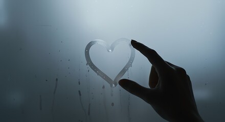 A hand tracing a heart drawn on a foggy or frosted glass surface