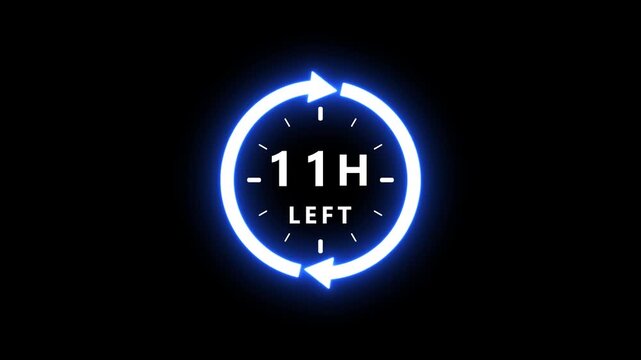 Neon blue glowing clock face with white arrows indicating time remaining, displaying eleven hours left on a dark black background with subtle light effects