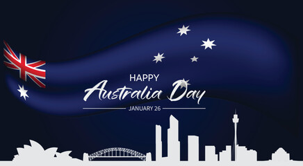 Australia Day celebration banner featuring skyline silhouettes and waving national flag
