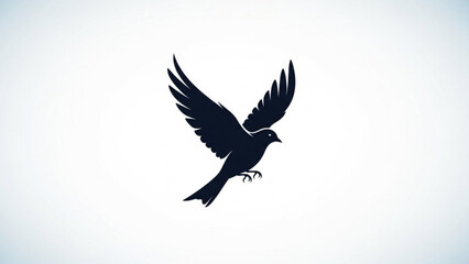 Obraz premium Black silhouette of a bird in mid flight with wings spread wide on white background