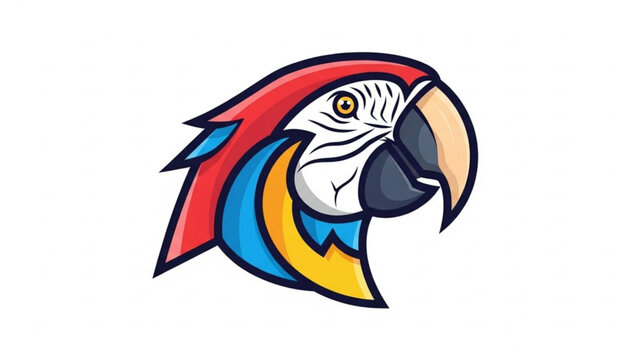 Vibrant colorful parrot head illustration with red, blue, and yellow feathers and large beak on white