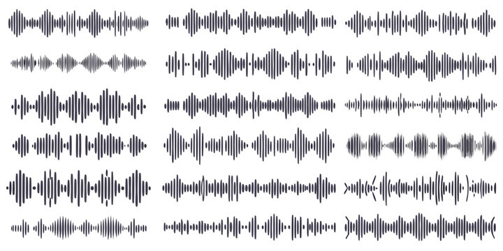 Podcast sound waves. Audio waveforms line icons, sound wave frequency or voice microphone signals. Music, podcast and broadcast, UI and audio branding design. Isolated vector set
