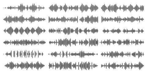Podcast sound waves. Audio waveforms line icons, sound wave frequency or voice microphone signals. Music, podcast and broadcast, UI and audio branding design. Isolated vector set
