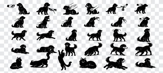 Vector illustration featuring a large set of black cat silhouettes designed as animal stickers, with clean shapes and bold solid fills, isolated for versatile use in prints, icons, decals, and stock.