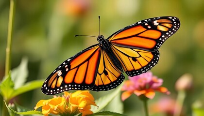 Obraz premium Vibrant monarch butterfly perched on a milkweed plant, ecology, environment