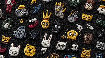 Colorful Textured Pattern of Fun Cartoon Monsters Skulls and Doodles