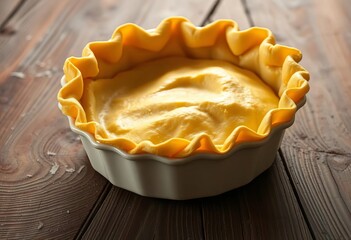 Golden pastry dough, thinly rolled, nestled in a rustic pie dish on weathered wood,  pie crust,   food photography