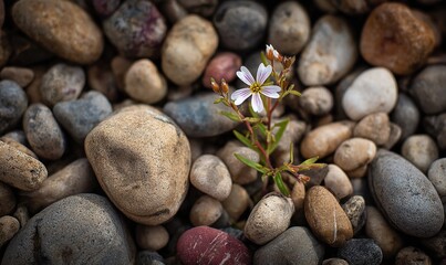 A small white flower is growing in a pile of rocks