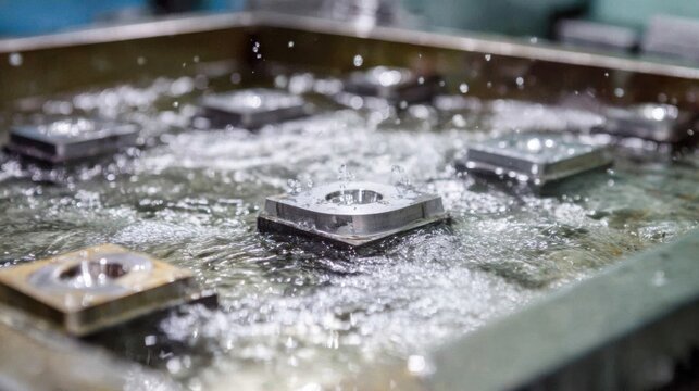 Closeup of electroplating bath with metal components immersed in nickel solution highlighting precision metal finishing technique.