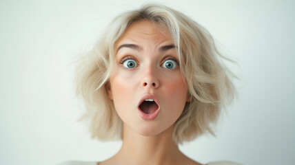 Amazed blonde woman isolated on white background.