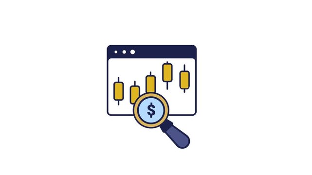 Stock Market Analysis Icon with Candlestick Chart and Magnifying Glass for Financial Trading Data