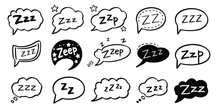 Sleep zzz icon. Snore bubble with cartoon cloud, line emoji for dreamy and relaxed vector set. Hand drawn bed and nap symbol for insomnia, bedtime app. Slumber, deep rest message