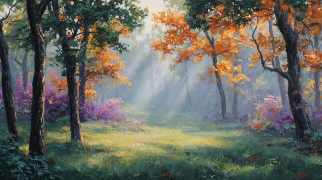Forest path scene with sun rays beaming through trees, used for print or digital art