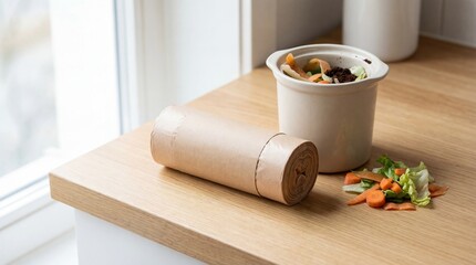Kitchen Countertop with Compost Bin and Food Scraps Next to a Roll of Compostable Bags Natural Light Illuminating Wooden Surface for Eco Friendly Waste