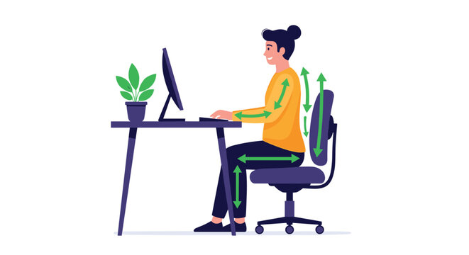 Woman demonstrating correct ergonomic sitting posture at a computer desk with green arrows indicating proper alignment for health.