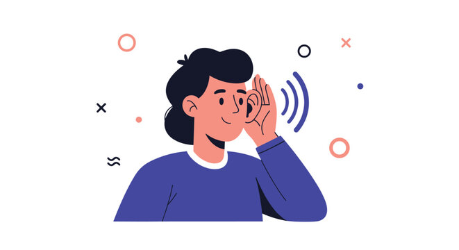 Young person holding a hand to their ear to listen carefully with a sound wave icon in a modern illustration style.