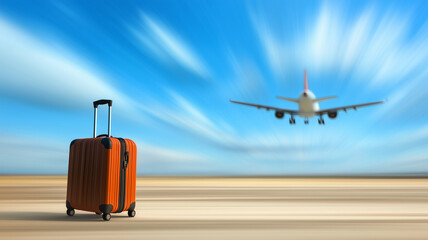 Concept of journey and vacation travel. Luggage on runway at the airport.