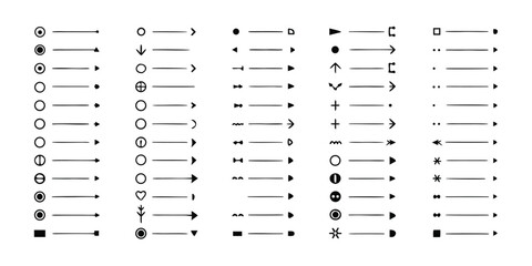 Bullet points. Minimalistic bullet point icons with arrows, dots and star, heart shapes. Vector set for UI UX design, web development, presentations and infographics