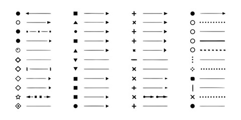 Bullet points. Minimalistic bullet point icons with arrows, dots and star, heart shapes. Vector set for UI UX design, web development, presentations and infographics