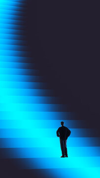 Futuristic poster with businessman facing abstract glowing blue stairs. Concept of long term goals, strategic vision, overcoming challenges, and business growth planning.