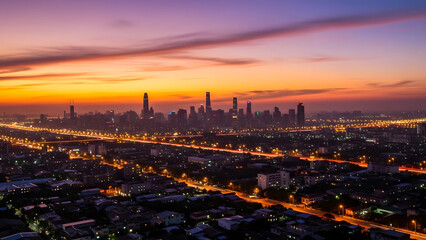 City skyline at sunset with glowing urban lights and dramatic evening sky