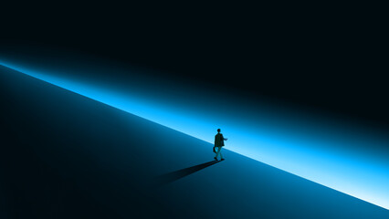 Abstract business design with person walking along illuminated path. Concept of strategic movement,...