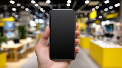Close up of Hand Holding a Blank Smartphone with Blurred Retail Store Background