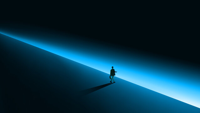 Abstract business design with person walking along illuminated path. Concept of strategic movement, steady progress, career navigation, and long term business planning.