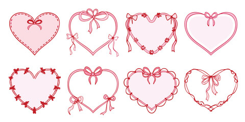 Heart frame border in pink coquette style with cute doodle ribbon and bow. Whimsical design for love, romance and valentines day or wedding. Vector template for gift box, party invitation card
