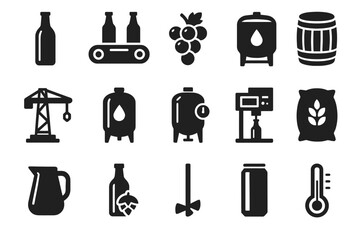 Winery equipment icons: grapes, barrels, bottles, and thermometer