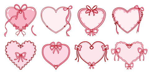 Heart frame border in pink coquette style with cute doodle ribbon and bow. Whimsical design for love, romance and valentines day or wedding. Vector template for gift box, party invitation card
