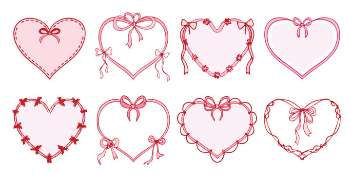 Heart frame border in pink coquette style with cute doodle ribbon and bow. Whimsical design for love, romance and valentines day or wedding. Vector template for gift box, party invitation card
