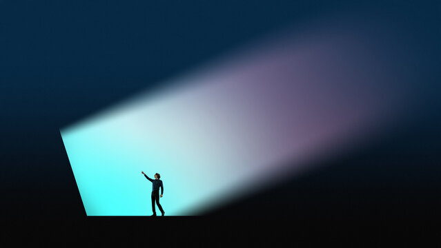 Conceptual business artwork with spotlighted man in dark space. Concept of innovation focus, unique expertise, standing out in market, and professional visibility.